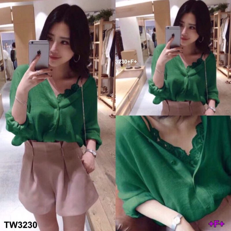 Set 3ชิ้น เชิ้ตแขนยาว+สายเดี่ยวขอบลูกไม้ กับกางเกงเอวสูงจีบหน้า TW3230