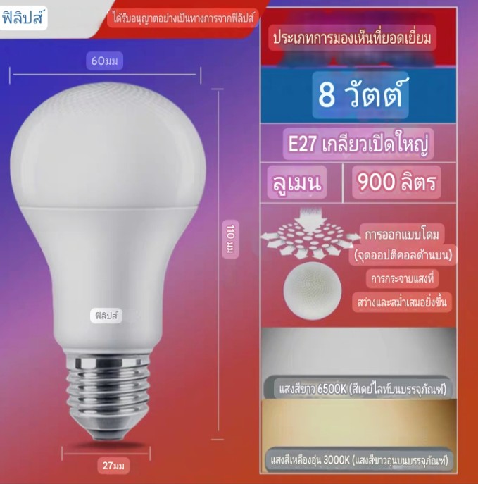 Philips ซีรีส์ประเภทแสงคงที่8วัตต์ จำนวนบรรจุ 12 ดวง / ลัง