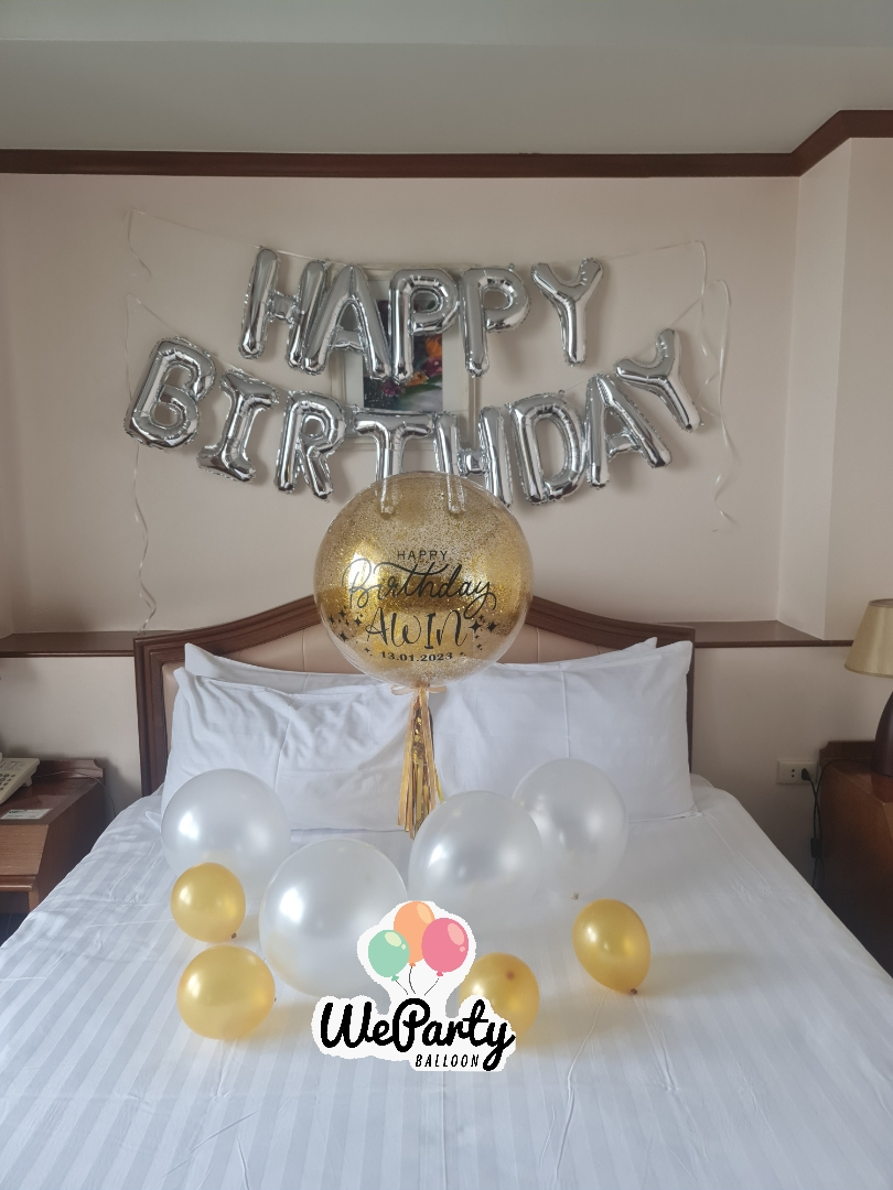 ลูกโป่งเซอร์ไพรส์ HBD Balloon Room Surprise บับเบิ้ล1ลูก+HAPPY BIRTHDAY 16" ฟรอยด์ 1ชุด+ลูกโป่งเป่าปล่อย 12 ลูก (with Helium)(10pcs)