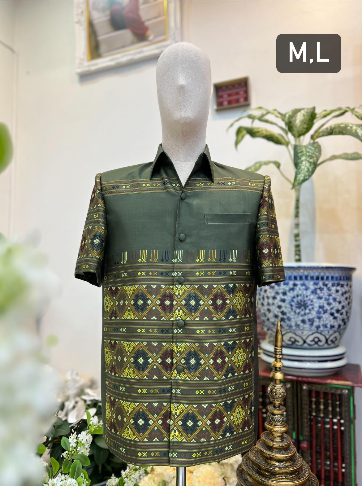 เสื้อสูทไหมแพรวา ลายเกาะ แขนสั้น สีเทาเข้ม เลือกไซส์ รหัส DR-BM-11026613265
