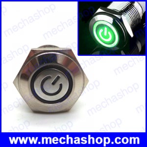 สวิทซ์กดติดปล่อยดับ มีไฟโลโก้สีเขียว 16mm 12V 3A green power/angel Circle LED Metal Push Button Switch Model-1667