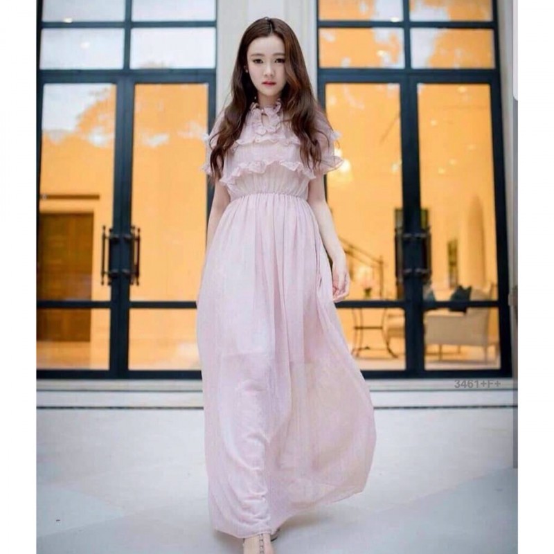 เดรส Maxi ตัวยาวแขนสั้นคอและแขนแต่งกุ๊นระบายน่ารัก TW3461-ชมพู