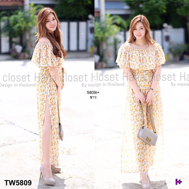 Set #สาวอวบ เสื้อระบายอก+กางเกงผ่าข้าง TW5809
