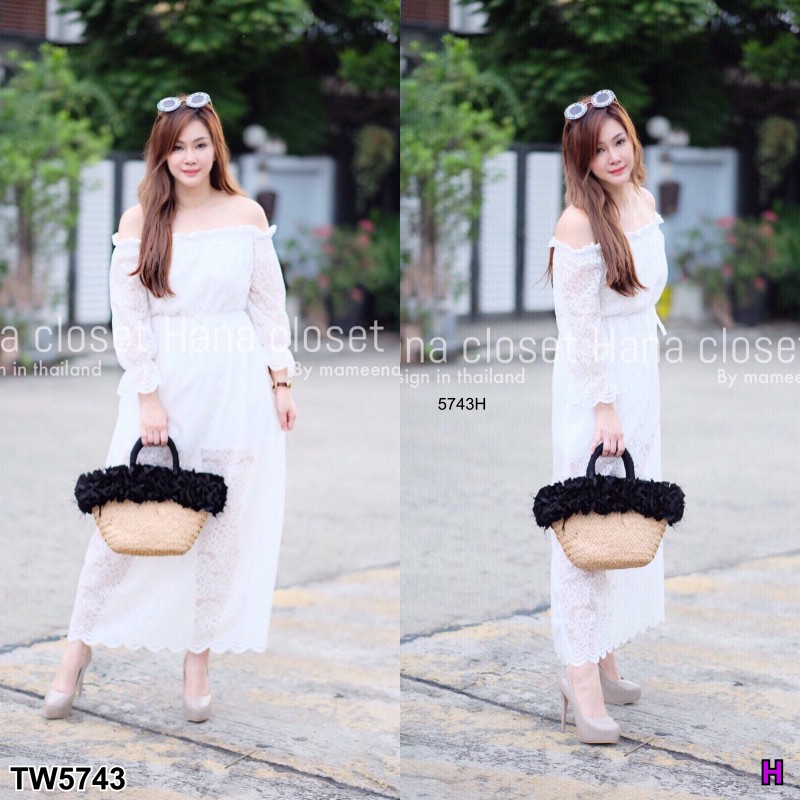แม็กซี่เดรส #สาวอวบ ลูกไม้ปาดไหล่ เอวผูกโบว์ TW5743