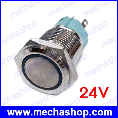 สวิทซ์กดติดปล่อยดับ มีไฟ LED วงแหวนสีฟ้า 24V 16mm Flat round momentary ring lamp waterproof IP67 switch 1635F