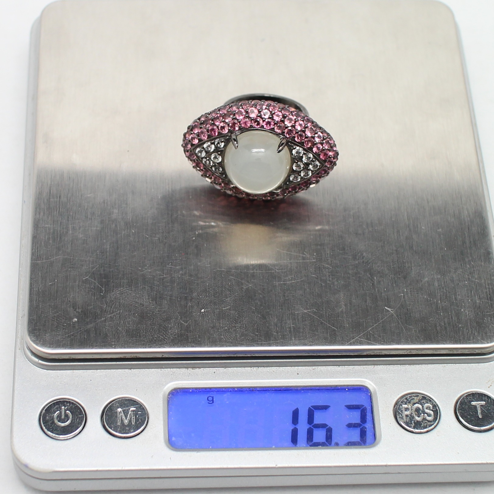 SI199 แหวนมูนสโตน ประดับทัวร์มาลีน (Tourmaline) ตัวเรือนเงินแท้ 92.5% นน. 16.3 กรัม ไซส์ 53