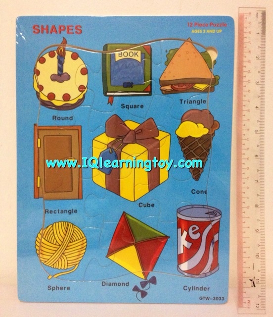 ของเล่นไม้ - (Jigsaw-Shapes) ชุดภาพตัดต่อเรื่องรูปทรงจากสิ่งของต่างๆรอบตัวในชีวิตประจำวันพร้อมคำศัพท์ภาษาอังกฤษ ให้เรียนรู้ และจดจำได้ง่ายขึ้น ส่งฟรี