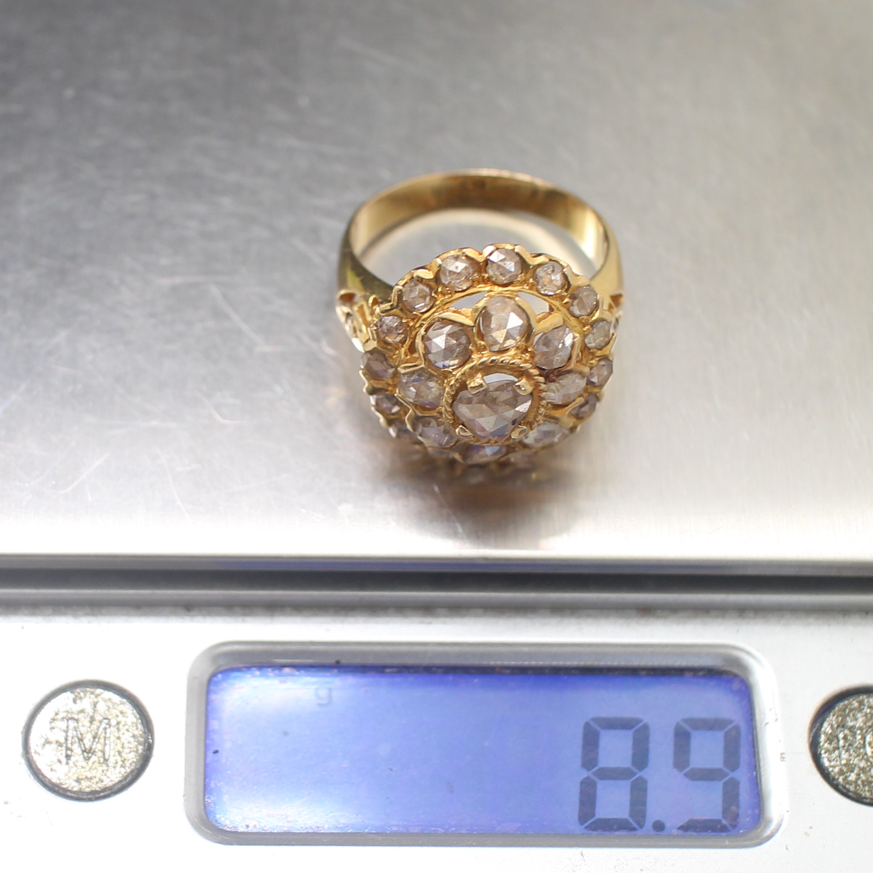 RG250455 แหวนเพชรซีกลูกโลกทรงพุ่ม ทองแท้ 90% นน.รวม 8.9 กรัม ขนาดแหวน 62 เพชรซีกไฟดี