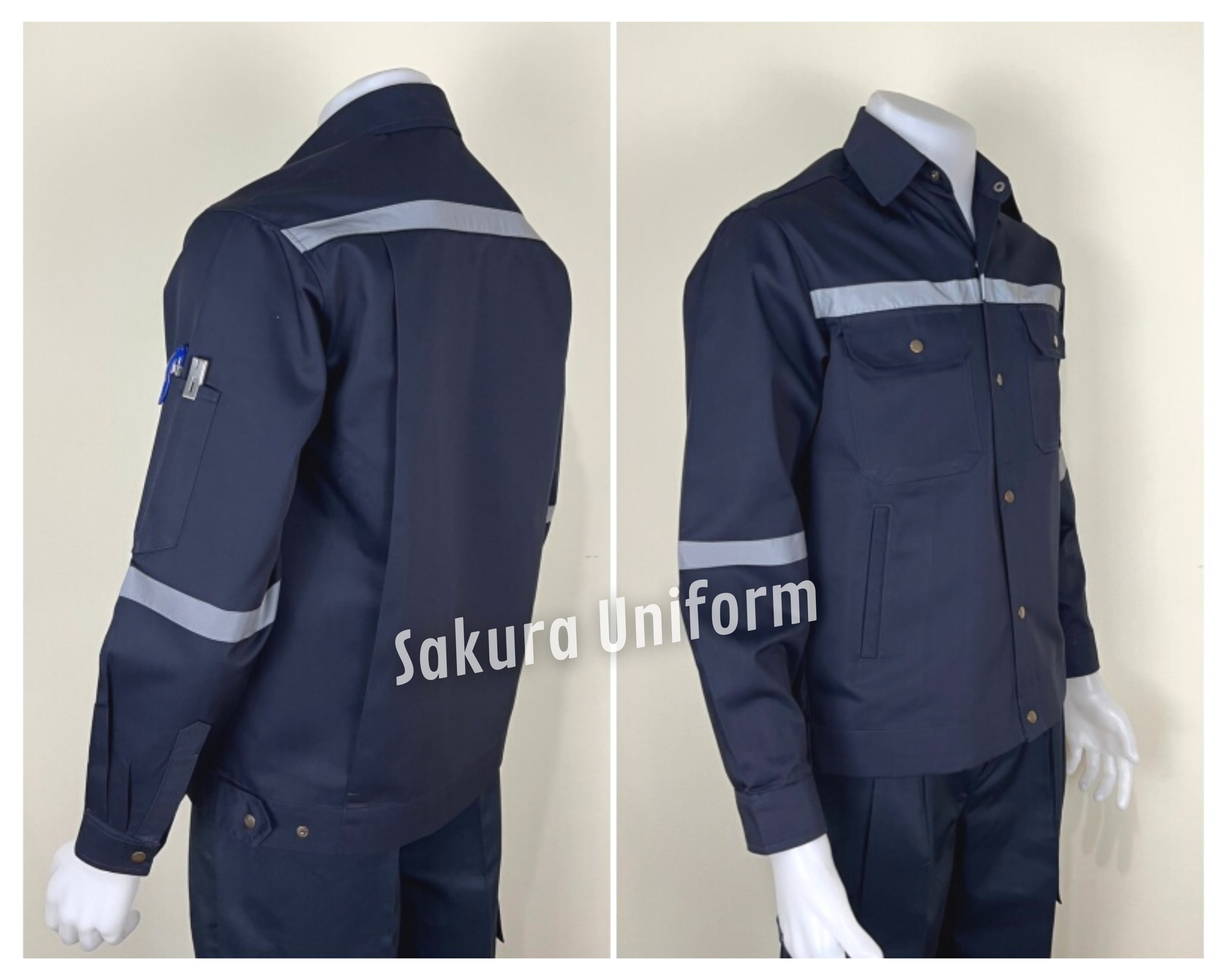 รหัส AB12.1 : เสื้อช่างแจ็คเก็ตแขนยาวผ้าคอมทวิวสีกรมท่า 4 กระเป๋า (ติดสะท้อนแสง)