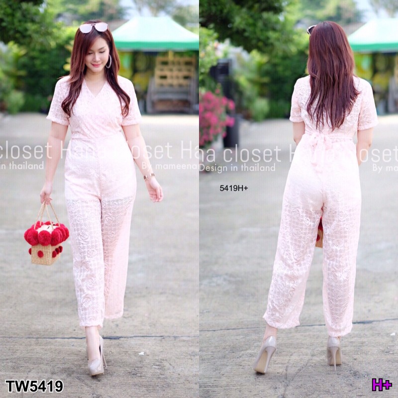 จั้มสูท #สาวอวบ ขายาว ลูกไม้คอวีไขว้อก+โบว์ผูกเอว TW5419
