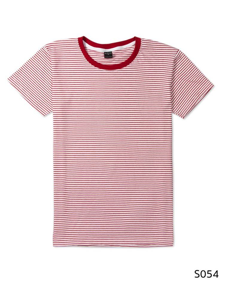 เสื้อยืดคอกลมลายทาง S054 (สีแดง คอสีขาว)