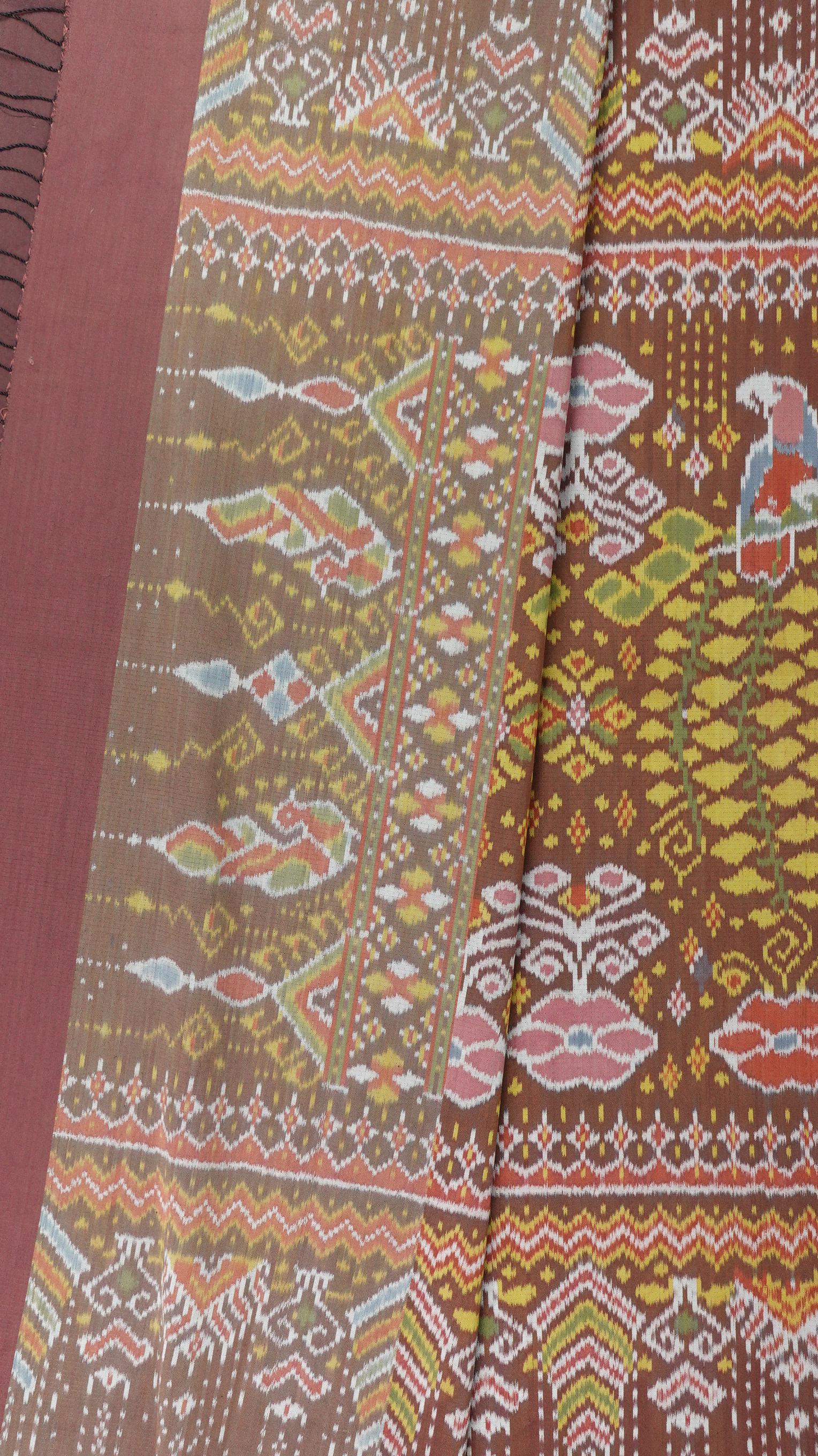 ซิ่น ผ้าไหมมัดหมี่ สีธรรมชาติ 3ตะกอ ทอเหยียบเหาะ มีหน้านาง ชายครุย ขนาด1x2เมตร ลายดอกคูณ สีน้ำตาล รหัส M3P-33-0224686