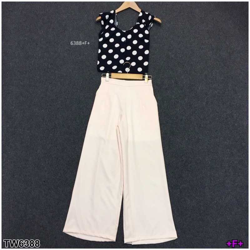 Set 2 ชิ้น เสื้อแขนกุดลายจุด + กสงเกงขายาว TW6388-กรมท่า