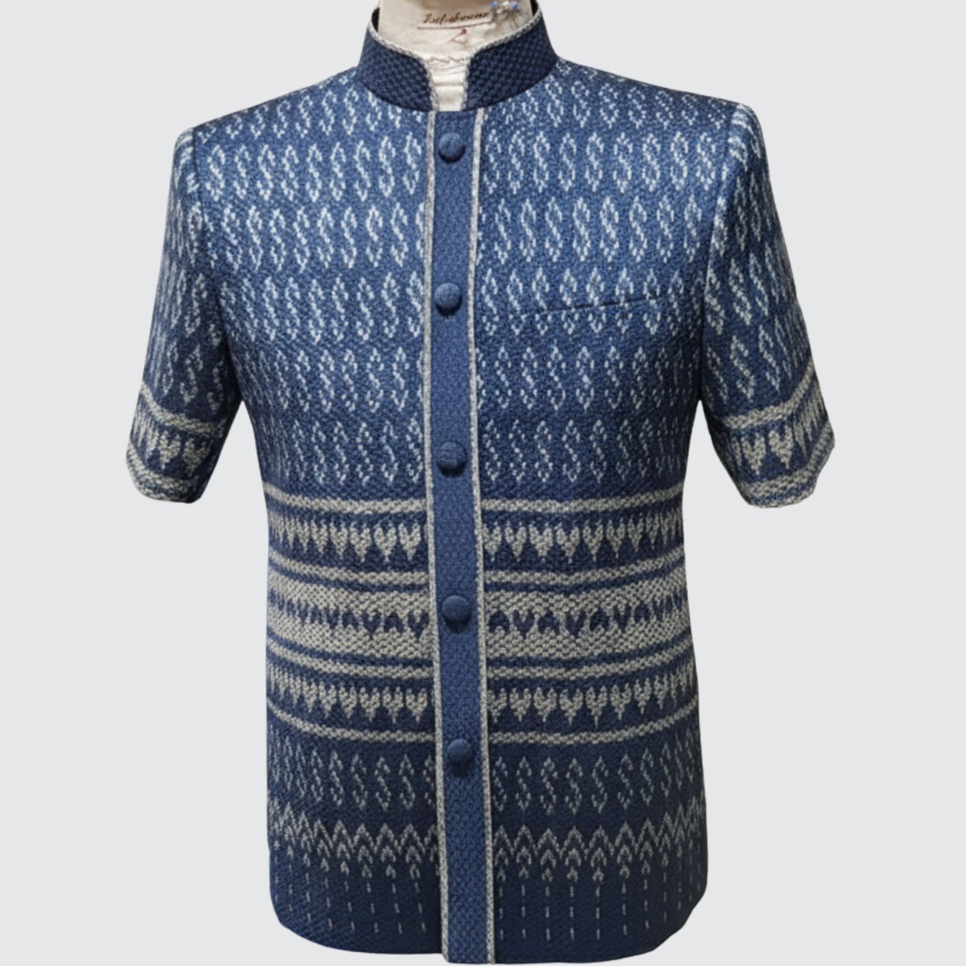 เสื้อสูทพระราชทาน แขนสั้น ไหมมัดหมี่ 6ตะกอ | ตัดเย็บตามรูปร่าง | เลือกสีผ้า ส่งไซส์ได้