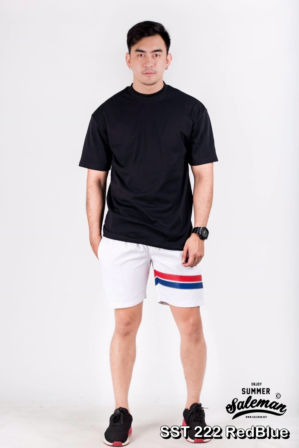 กางเกงขาสั้น พรีเมี่ยม ผ้า COTTON รหัส SST 222 RedBlue สีขาว แถบแดงน้ำเงิน