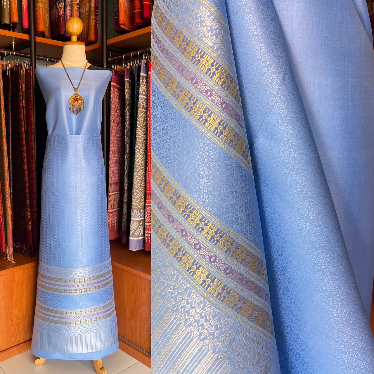 (ผ้าชุด) ผ้ายกใหญ่สุรินทร์ (สีพื้น 2เมตร+ลาย 2.4เมตร) พื้นสีฟ้า รหัส N90-MD-0911681601