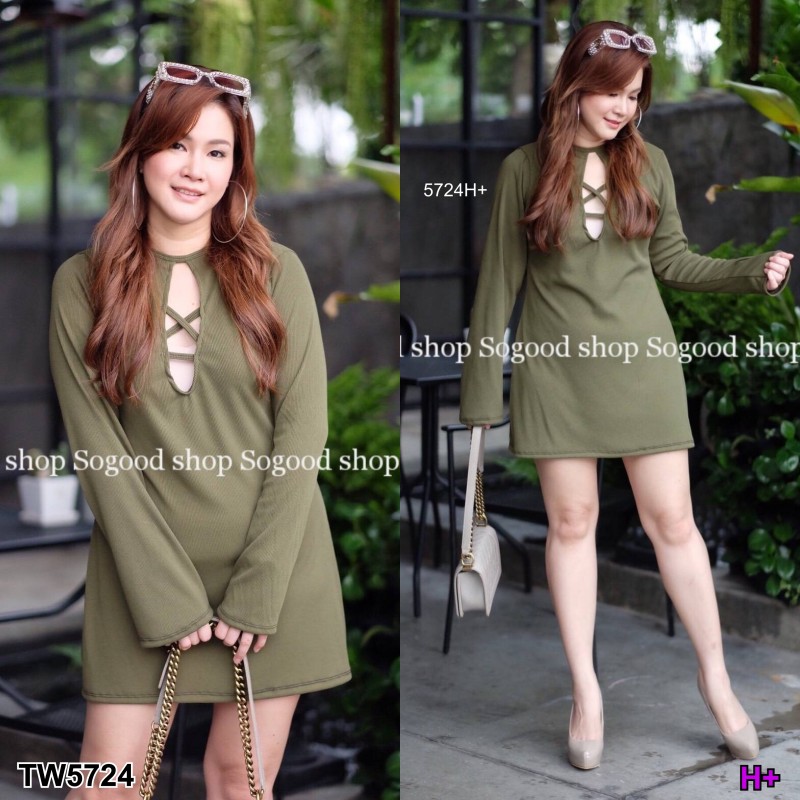 ดรสสั้นแขนยาว #สาวอวบ คอแต่งสายไคว้ TW5724