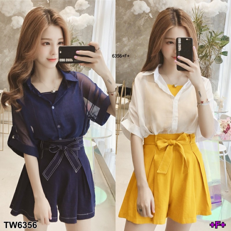 Set 3 ชิ้น เสื้อชีฟอง+สายเดี่ยว+กางเกง TW6356-เหลือง