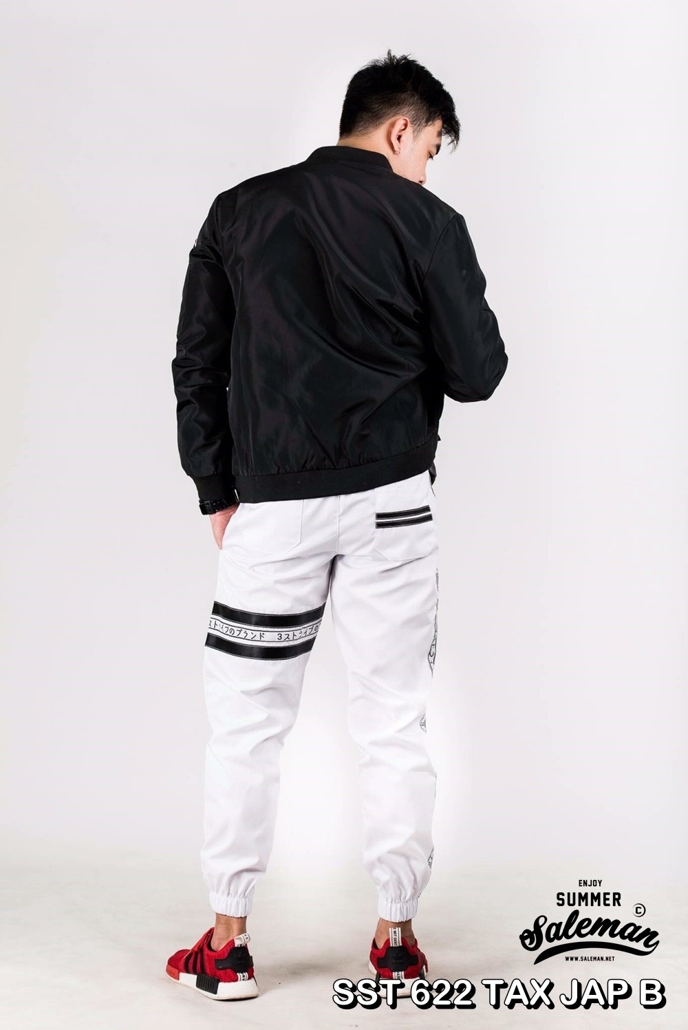 กางเกง JOGGER พรีเมี่ยม ผ้า COTTON รหัส SST 622 TAX JAP B สีขาว แถบดำ