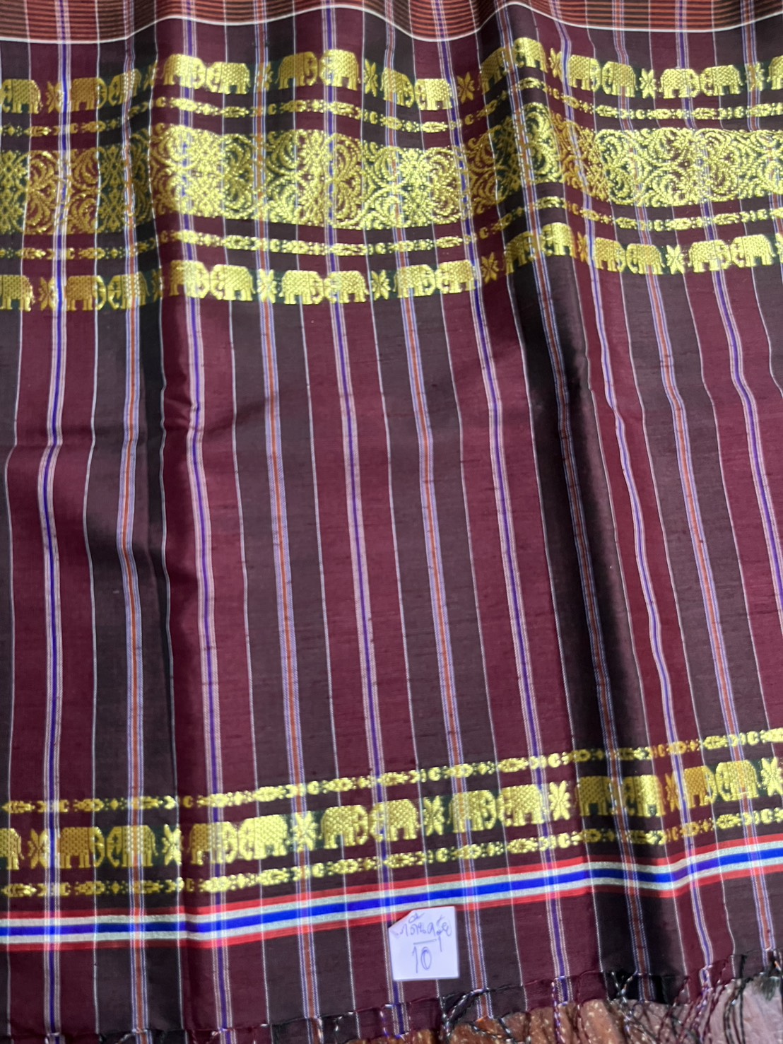 ผ้าขาวม้า ไหมแท้ ยกขิดดิ้นลายช้าง มีชายครุย ขนาด 65X200ซม. รหัส R4E-NY-10