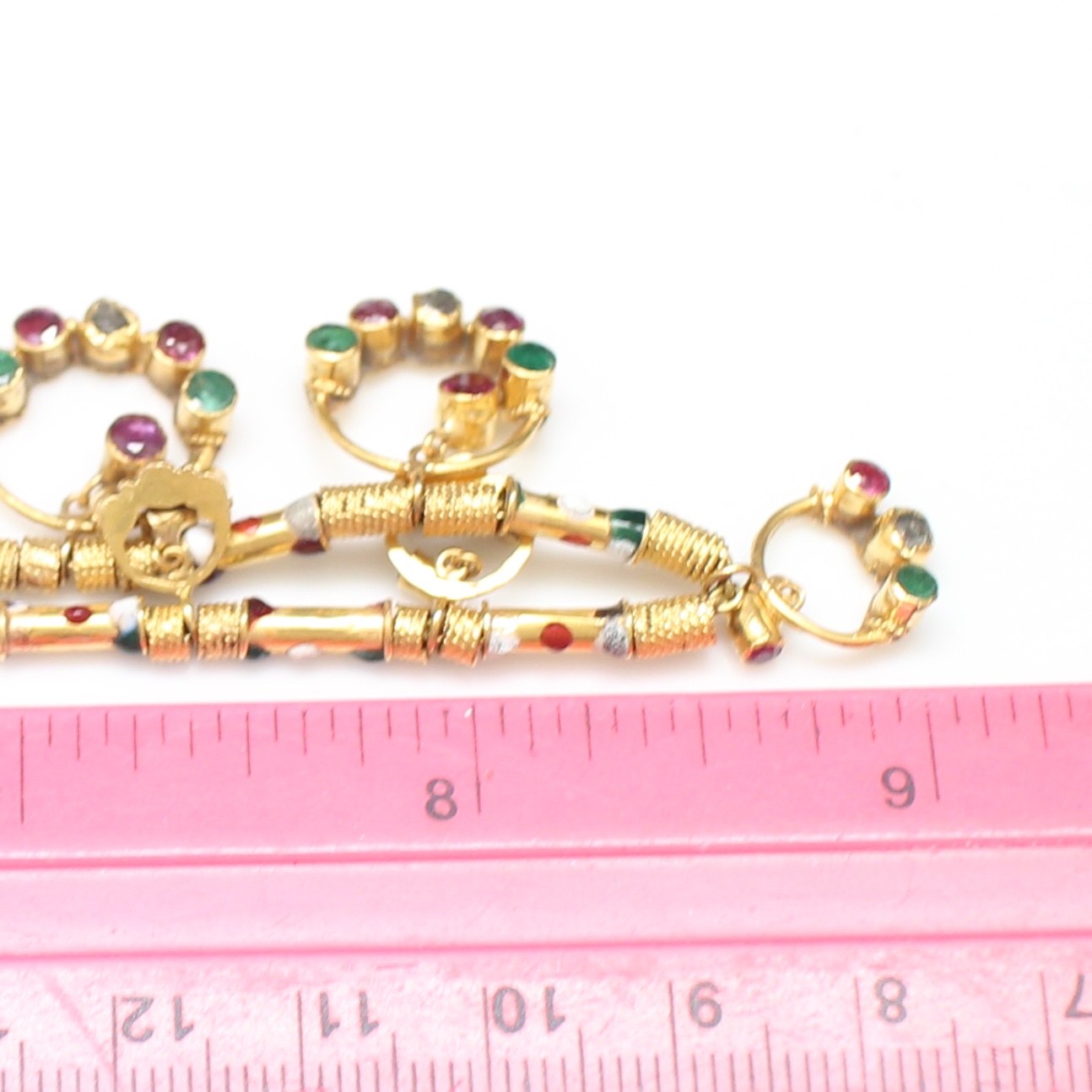 NL25263 สร้อยคอลูกไม้ปลายมือสามสี ทับทิม มรกต เพชรซีก ทองแท้ 90% นน.รวม 21.19 กรัม ยาว 16-17 นิ้ว