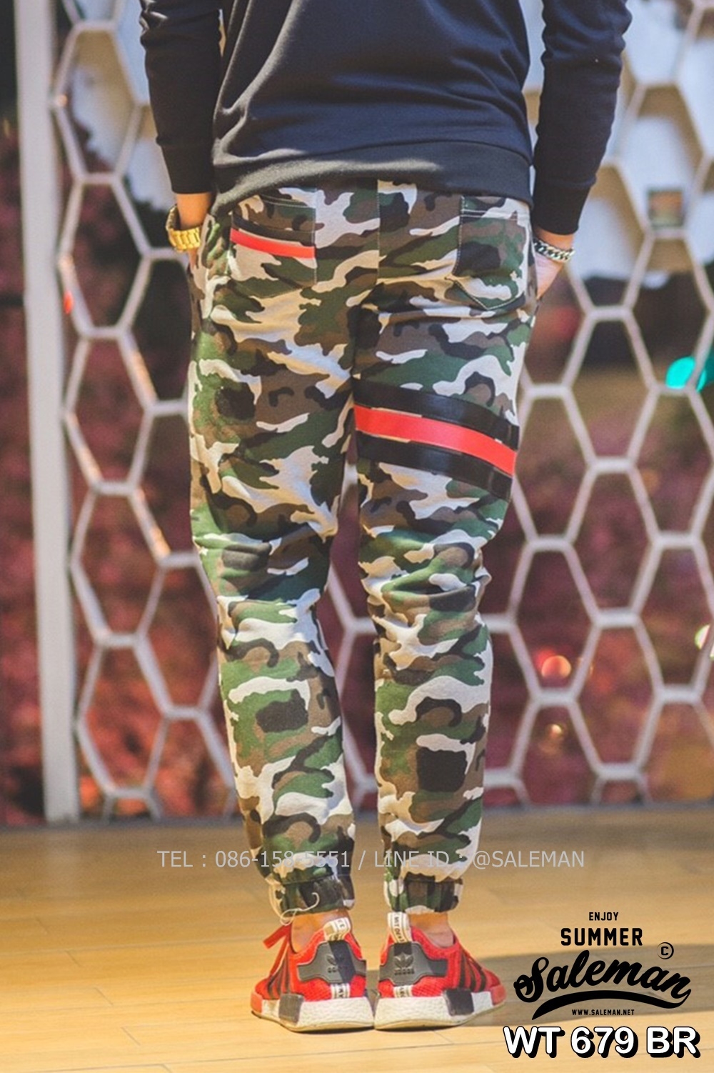 กางเกง Jogger ขาจั๊ม พรีเมี่ยม ผ้า วอร์ม รหัส WT 679 BR สีทหาร แถบ ดำ แดง