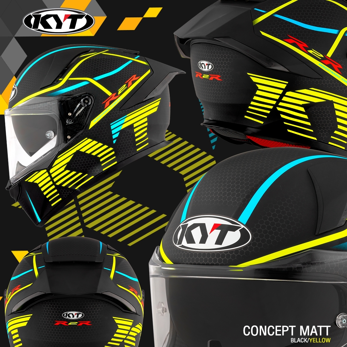 KYT รุ่น R2R Pro ลาย CONCEPT MATT BLACK/ YELLOW *ยังไม่รวมชิวดำ*