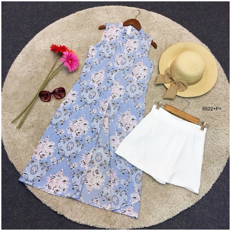Set 2 ชิ้นเสื้อแขนกุดตัวยาวผ่าหน้า +กางเกงขาสั้น TW6522-ฟ้า