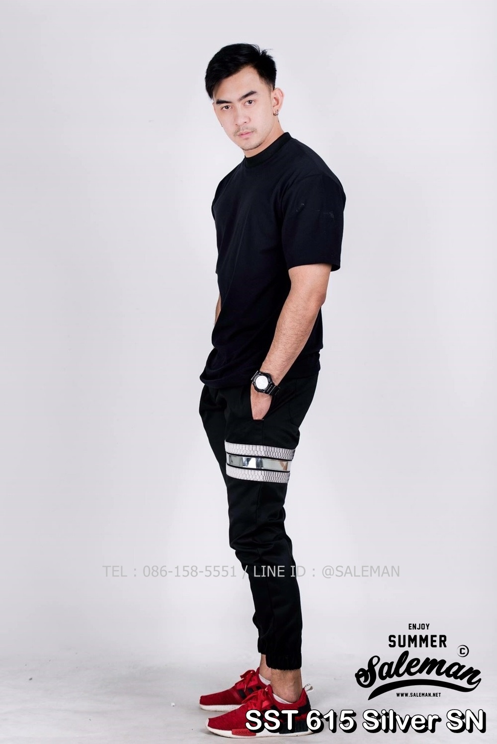 กางเกง JOGGER พรีเมี่ยม ผ้า COTTON รหัส SST 615 Silver SN สีดำ แถบงูเงิน