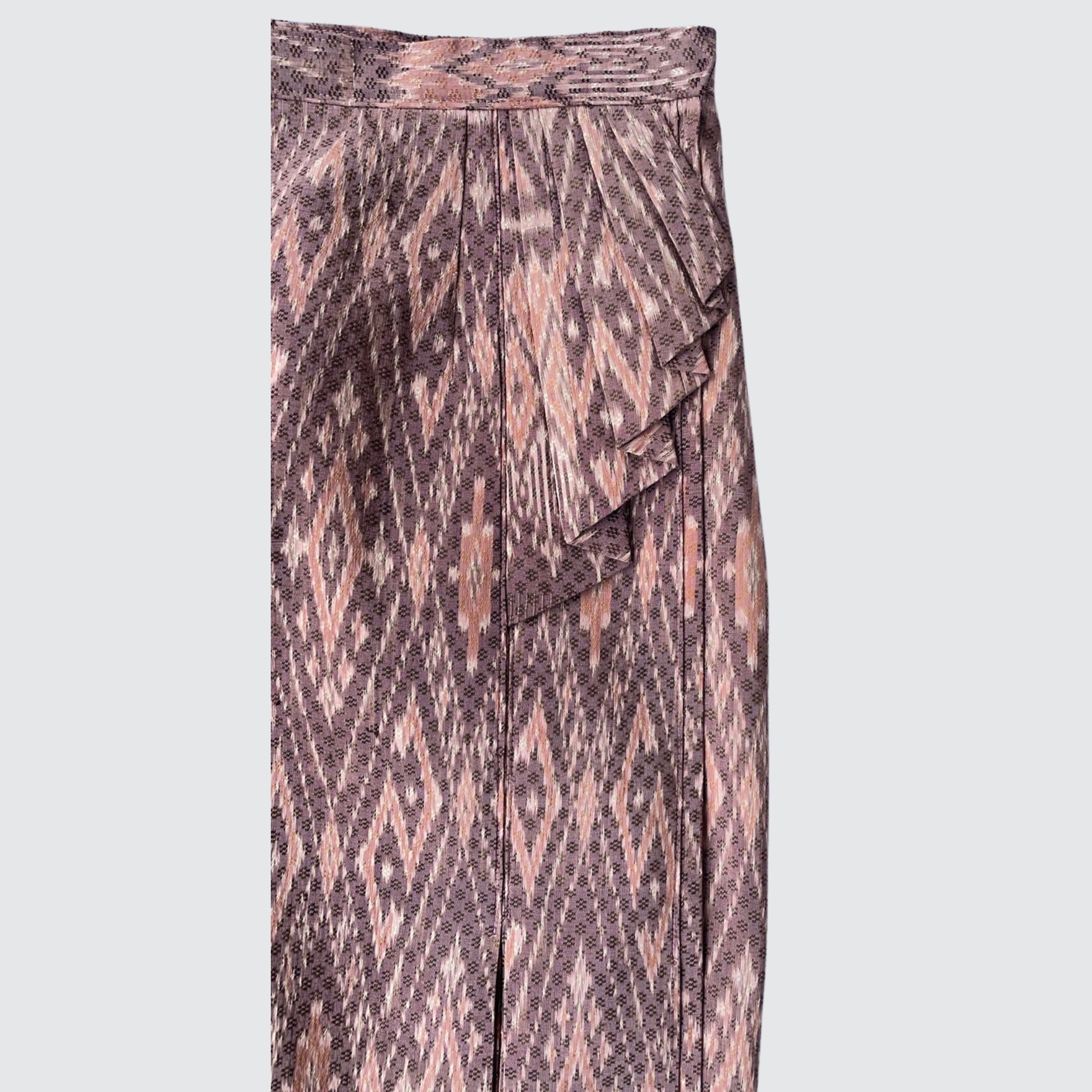 ผ้าถุงป้าย สีธรรมชาติ แบบเลื่อนตะขอตามไซส์ หน้านางข้าง ลายขอล้อมเพชร สีน้ำตาลกะปิ รหัส WM-PTS-100968142