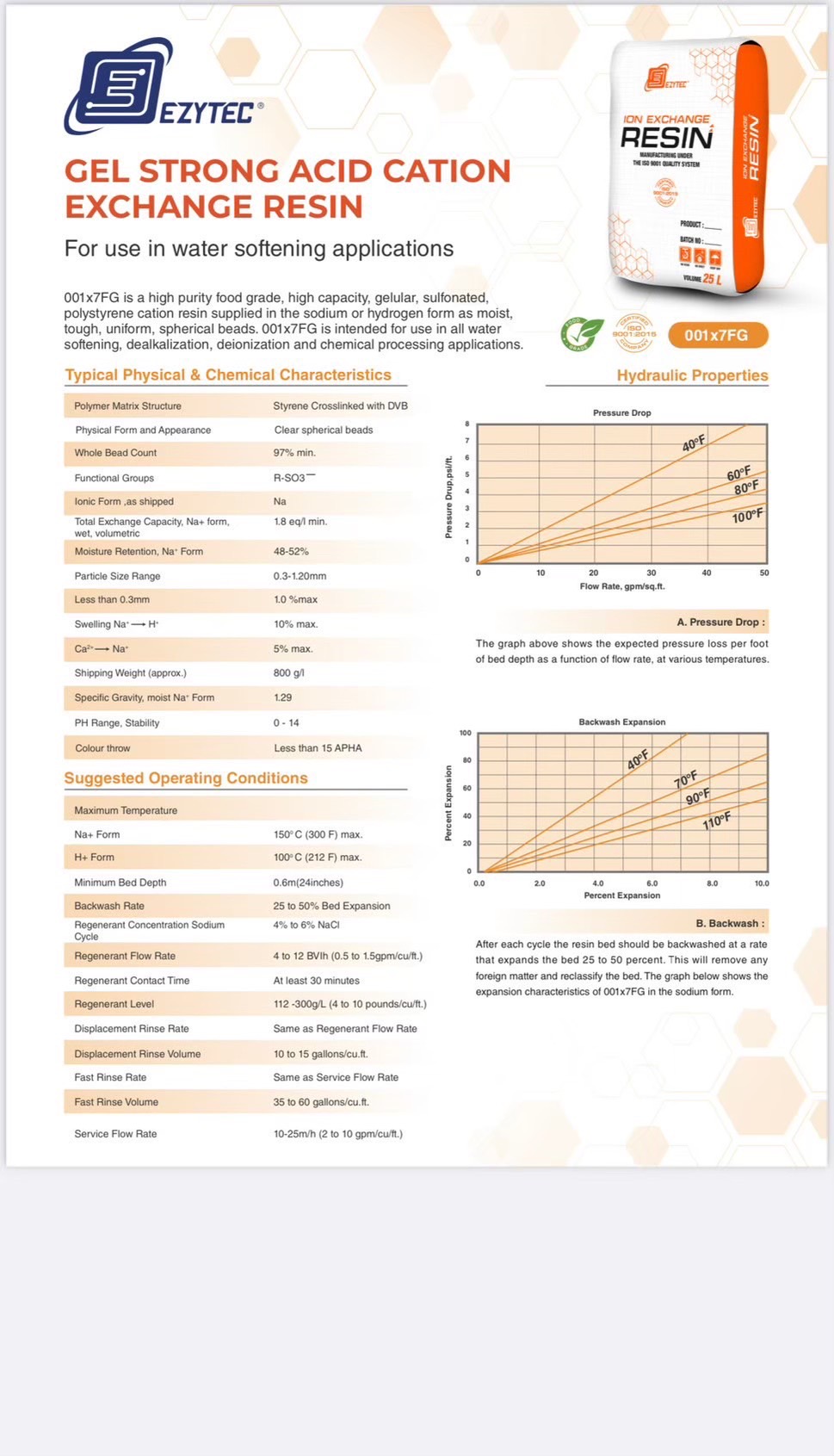 สารกรองเรซิ่น ION EXCHANGE RESIN EZYTEC 001x7FG บรรจุ 25 ลิตร (Food Grade) ใช้สำหรับระบบ Softener