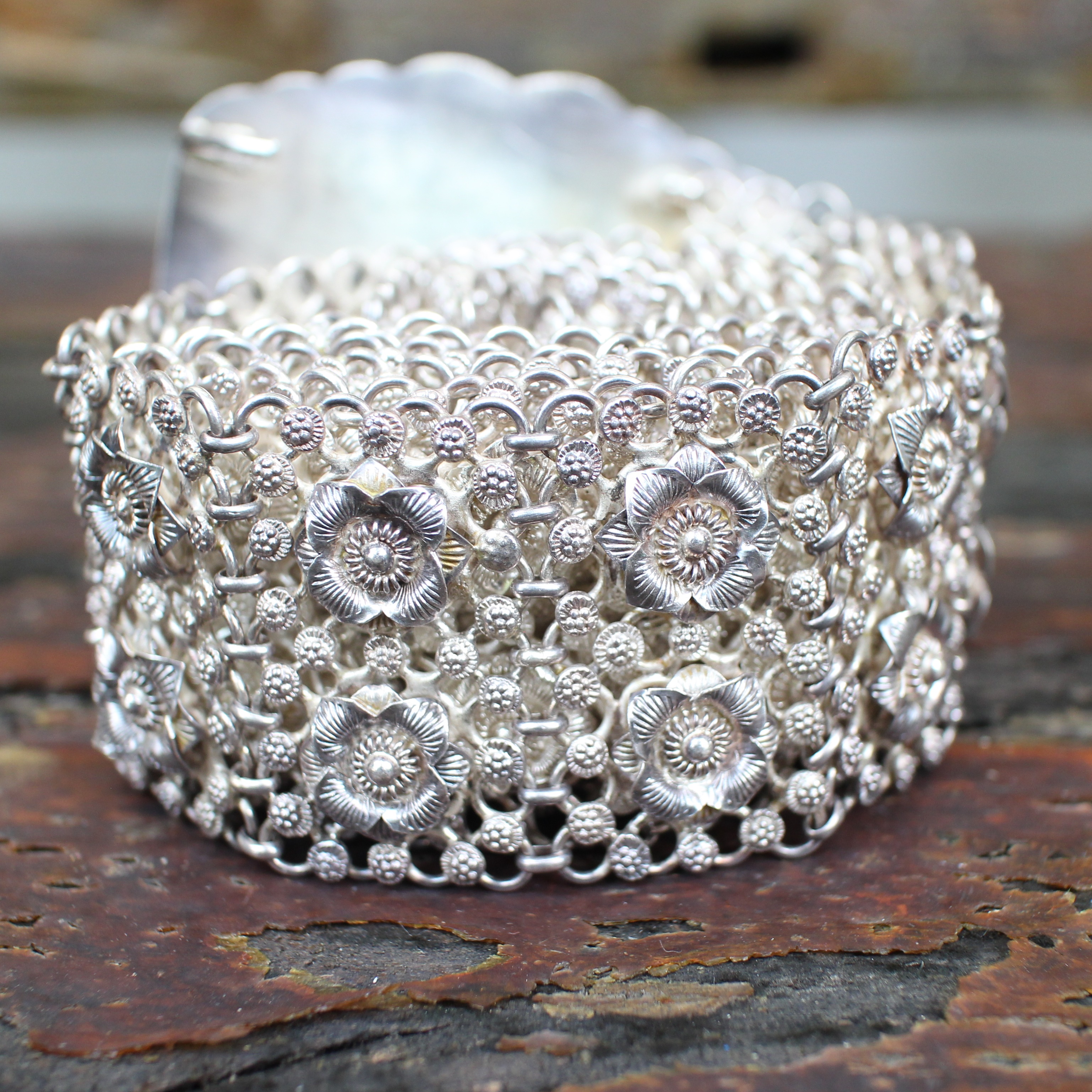 SI344 เข็มขัดเงินหัวดุลลายดอกไม้ เงินแท้ 92.5% นน. 460 กรัม ยาว 35 นิ้ว