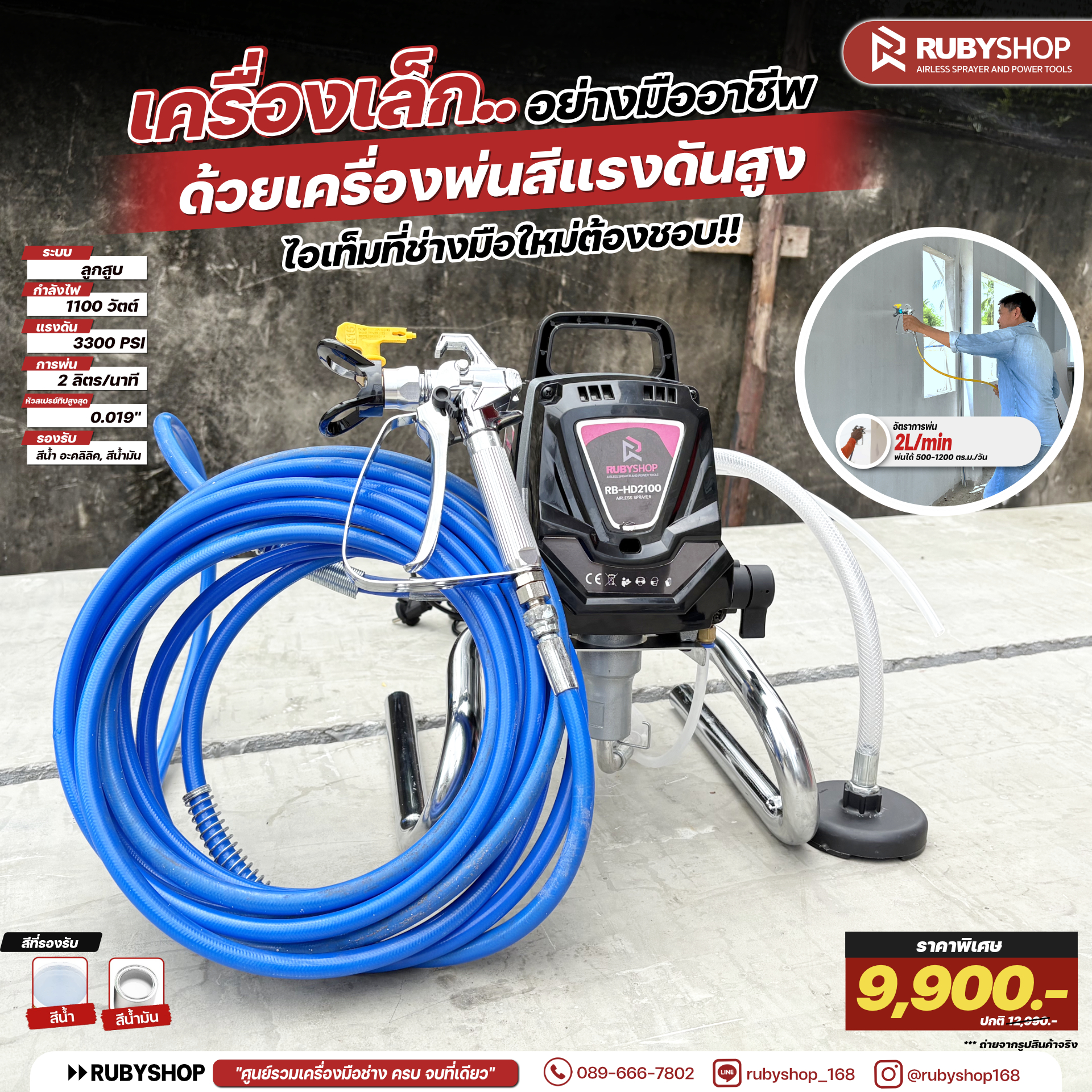 RUBYSHOP เครื่องพ่นสีแรงดันสูง RB-HD2100 | 1100W 3300 PSI อัตราพ่น 2 L/min รองรับหัวพ่น 0.019" เหมาะสีน้ำ–สีน้ำมัน