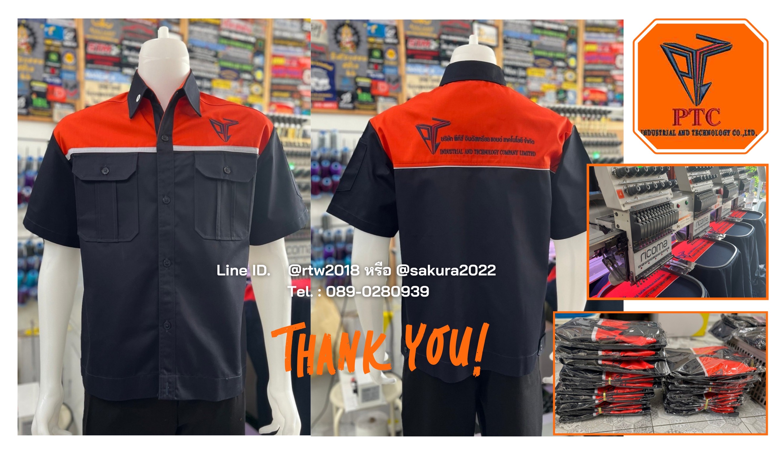 เสื้อช่างแขนสั้นผ้าคอมทวิวสีกรมท่า/ส้มพร้อมปัก (ขอบคุณ17)