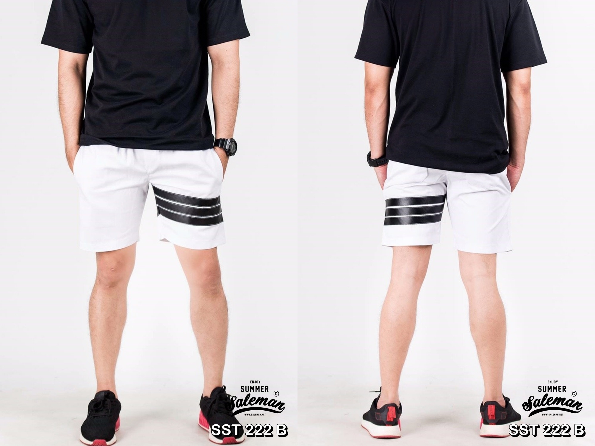 กางเกงขาสั้น พรีเมี่ยม ผ้า COTTON รหัส SST 222 B สีขาว แถบดำ