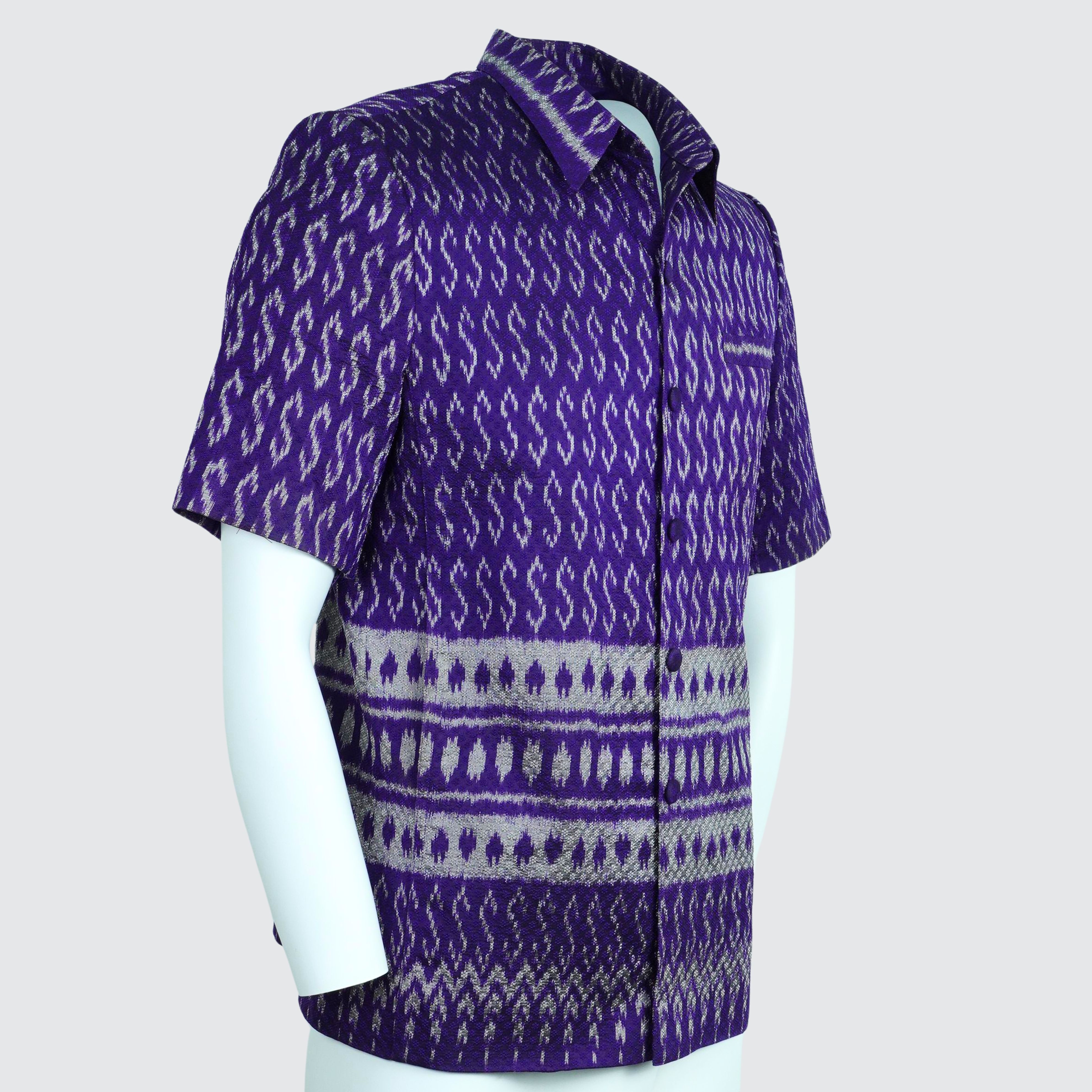 เสื้อสูทซาฟารี แขนสั้น ไหมมัดหมี่6ตะกอ สีเคมี | ตัดเย็บตามรูปร่าง | เลือกสีผ้า ส่งไซส์ได้