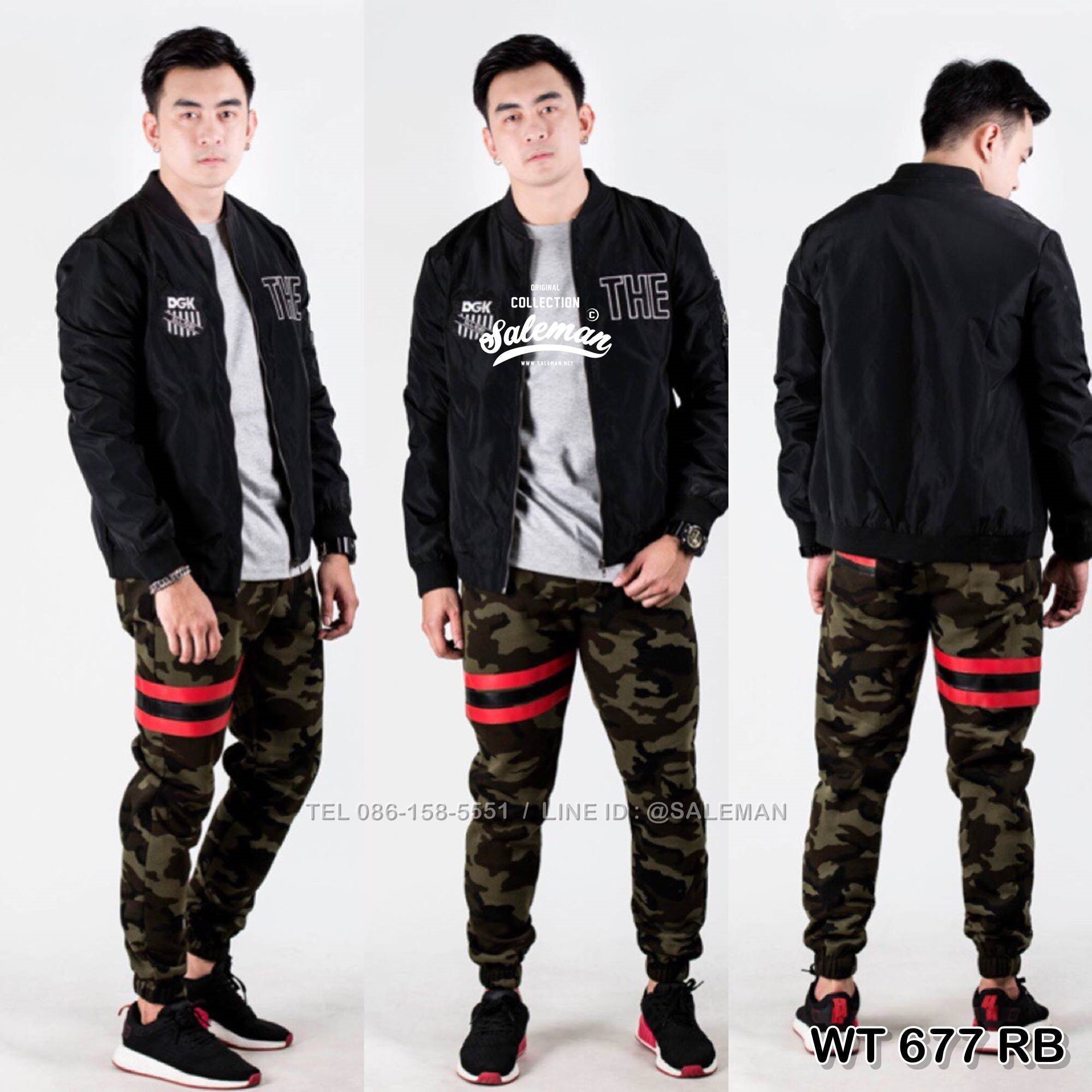 กางเกง jogger ขาจั๊ม ผ้าวอร์ม WT677 RB ทหารแถบ แดง ดำ