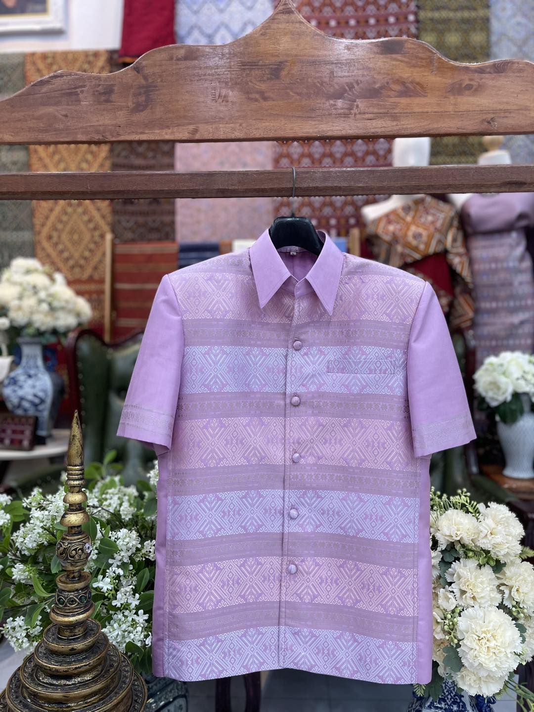 เสื้อสูทไหมแพรวา แขนสั้น สีม่วงเทา ไซส์L รหัส DR-BM-0523684