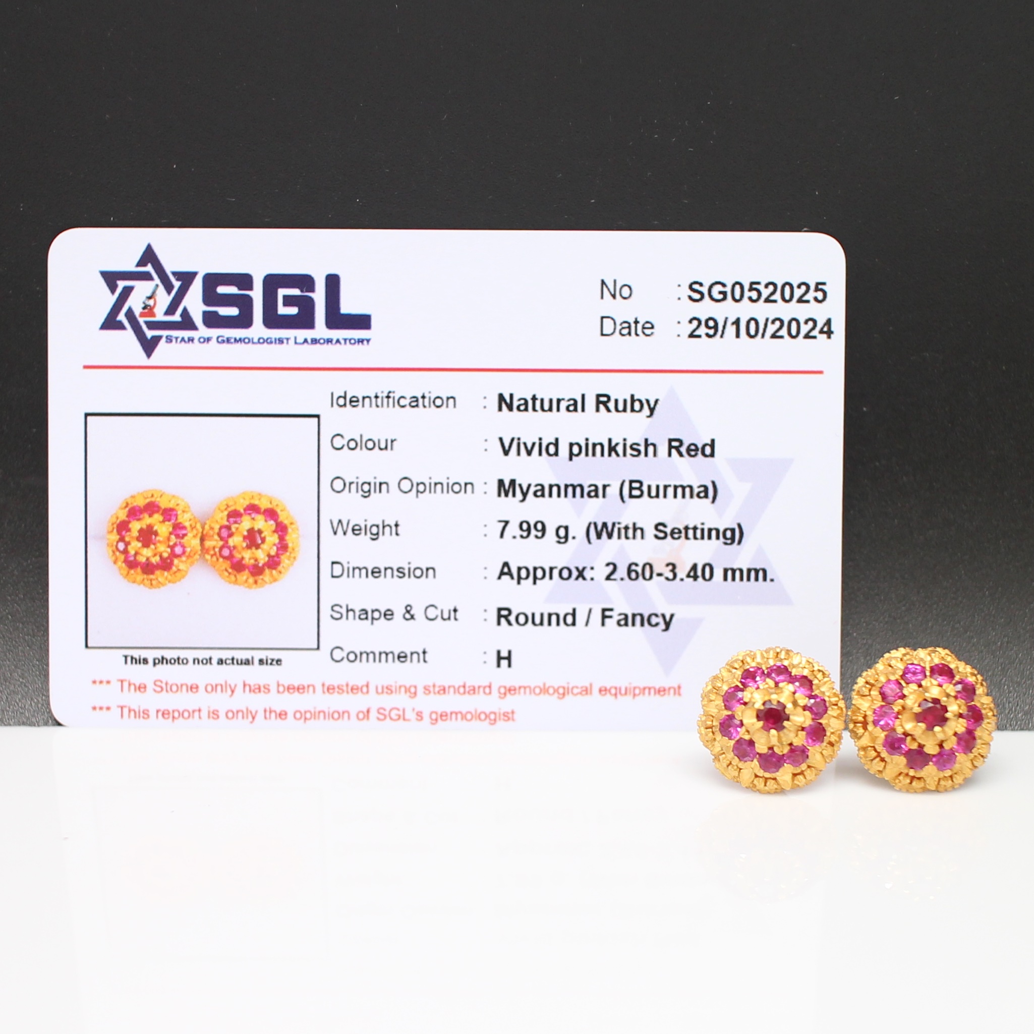 ER25212 ต่างหูทับทิมพม่าทรงพุ่ม ทองแท้ 90% นน.รวม 8 กรัม มีใบเซอร์ SGL