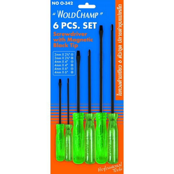 Woldchamp O-342 ชุดไขควงด้ามเขียวหุ้มฉนวน 6 ตัวชุด 2.5",4",6" แกนกลม เวิลแชมป์ (ชุด)