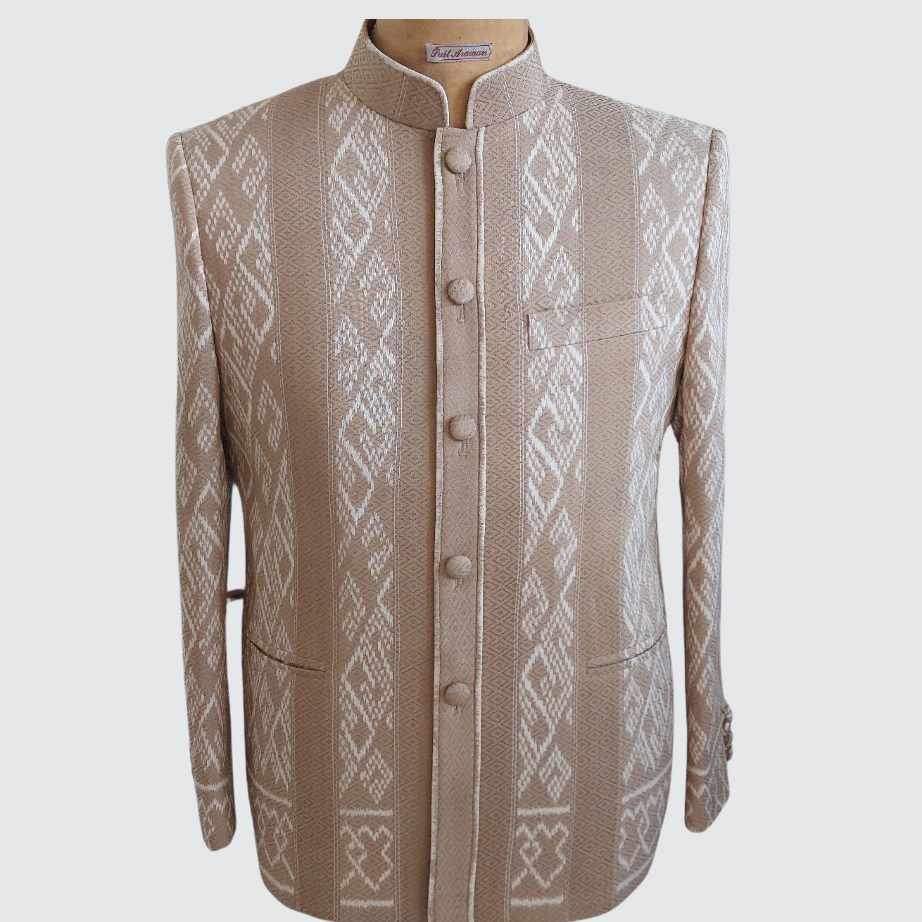 เสื้อสูทพระราชทาน แขนยาว ผ้าไหมมัดหมี่ยกดอก มีปูมวางลายตามแบบ | ตัดเย็บตามรูปร่าง | เลือกผ้า ส่งไซส์ได้