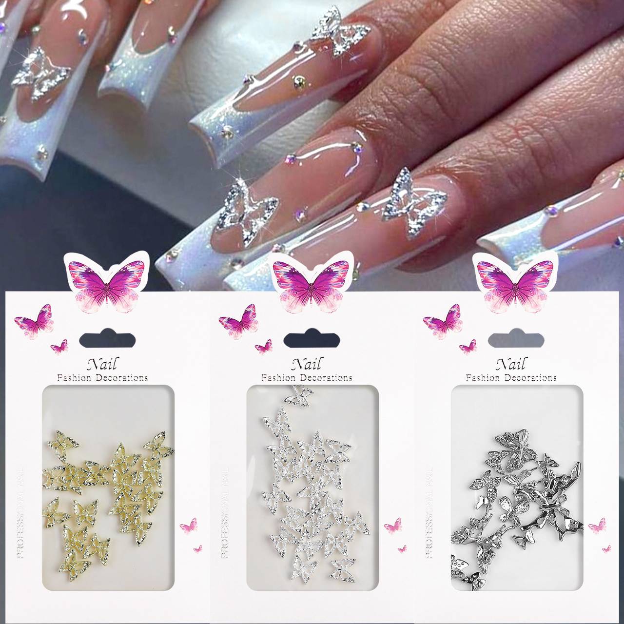 อะไหล่ติดเล็บผีเสื้อ เครื่องประดับเล็บ ผีเสื้อเพชร เงิน-ทอง 3D Nail Art