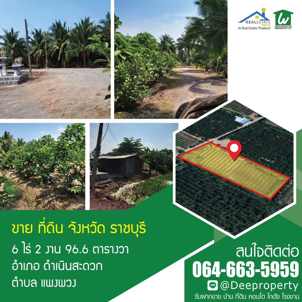 🏡 ขายที่ดินเปล่า ราชบุรี 6-2-96.6 ไร่ (2,696.6 ตรว) อ. ดำเนินสะดวก จ.ราชบุรี ทำการเกษตร ทำสวน ราคาถูก!