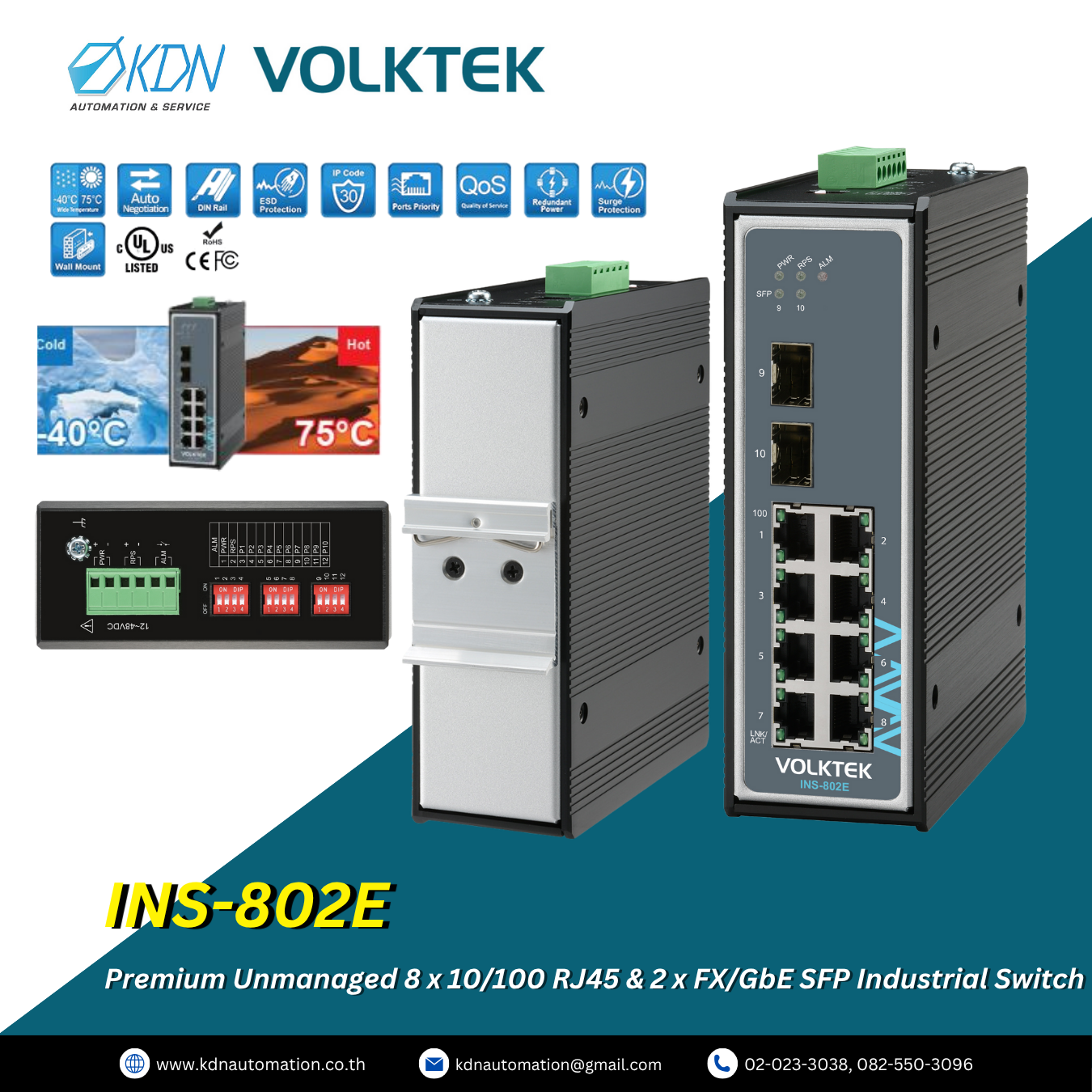 INS-802E Volktek Premium Unmanaged 8 x 10/100 RJ45 & 2 x FX/GbE SFP Industrial Switch