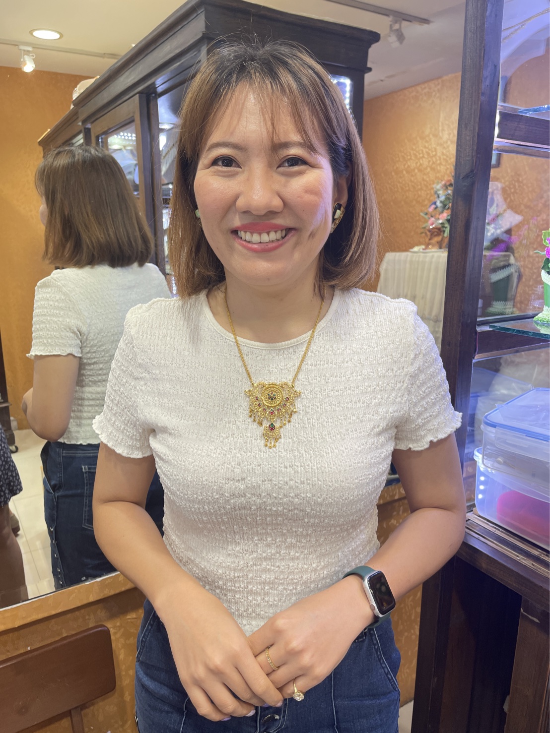 NL25028 ชุดสร้อยคอ และต่างหูลงยาตุ้งติ้ง ทองแท้ 22k (91.5%) นน.รวม 46.6 กรัม สร้อยคอยาว 20-21 นิ้ง ต่างหูแป้นเกลียว งานสวยมาก