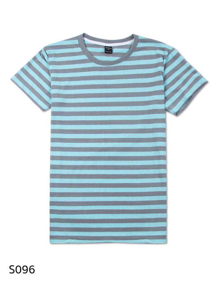 เสื้อยืดคอกลมลายทาง S096 (สีเทาฟ้าอ่อนพาสเทลริ้วเล็ก)