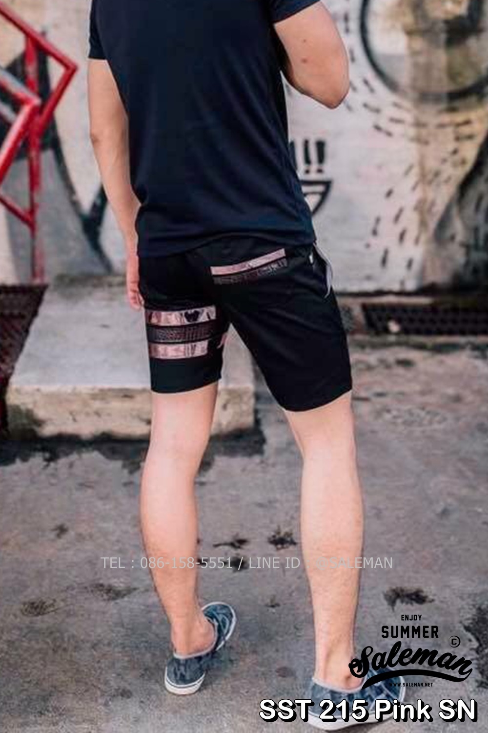 กางเกงขาสั้น พรีเมี่ยม ผ้า COTTON รหัส SST 215 Pink SN สีดำ แถบชมพูงู