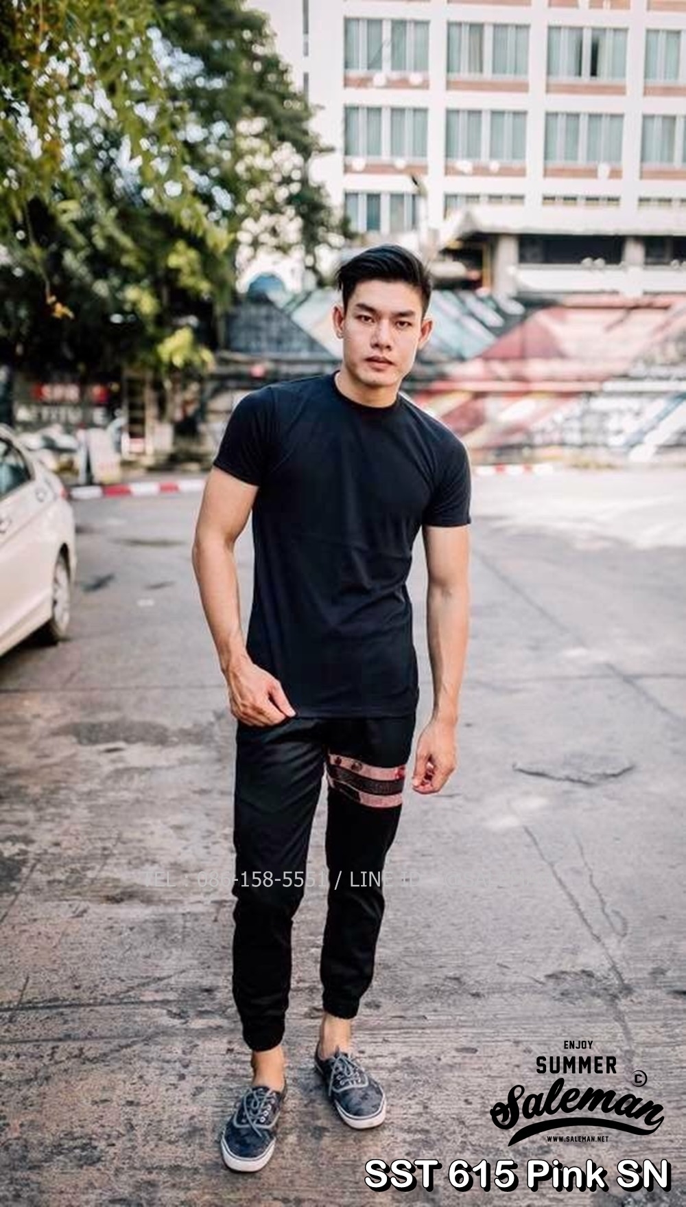 กางเกง JOGGER พรีเมี่ยม ผ้า COTTON รหัส SST 615 Pink SN สีดำ แถบชมพูงู