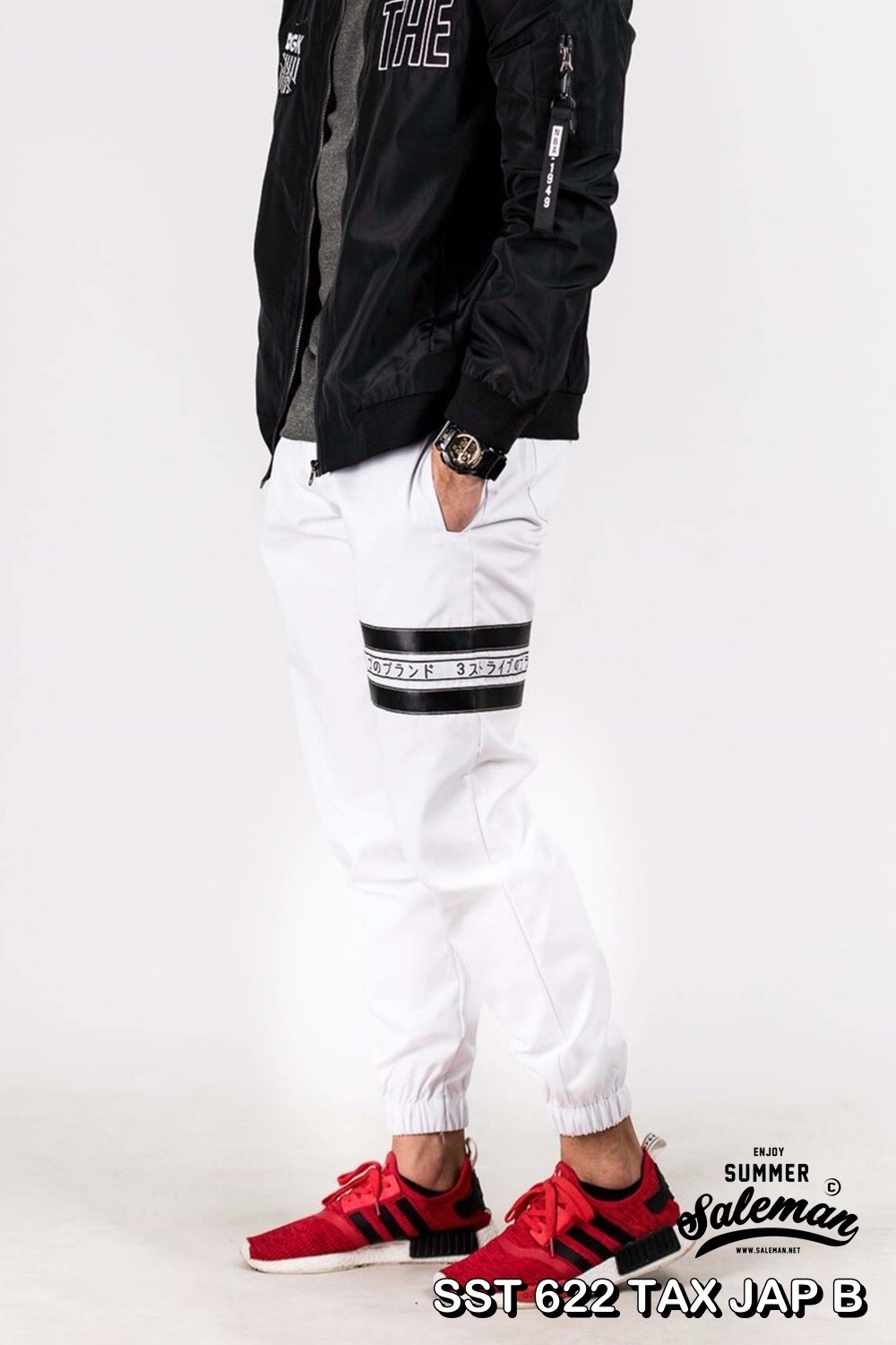 กางเกง JOGGER พรีเมี่ยม ผ้า COTTON รหัส SST 622 TAX JAP B สีขาว แถบดำ