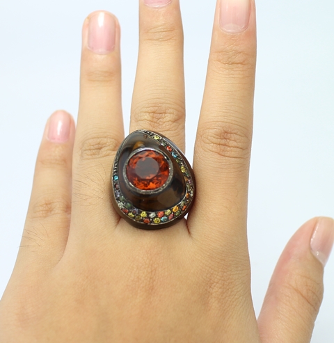 SI0092 แหวนเงินพลอยส้มลงยาสีน้ำตาล เงินแท้ นน. 15.7 กรัม Size 53